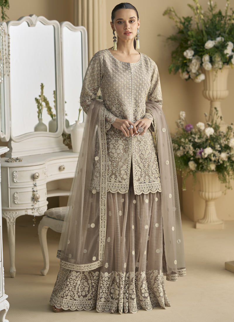 Vegaa Fashion Beige Georgette And Net Embroidered Beads Work Palazzo Suit