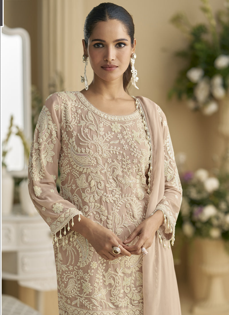 Beige Georgette and Net Embroidered Salwar Suit with Beads