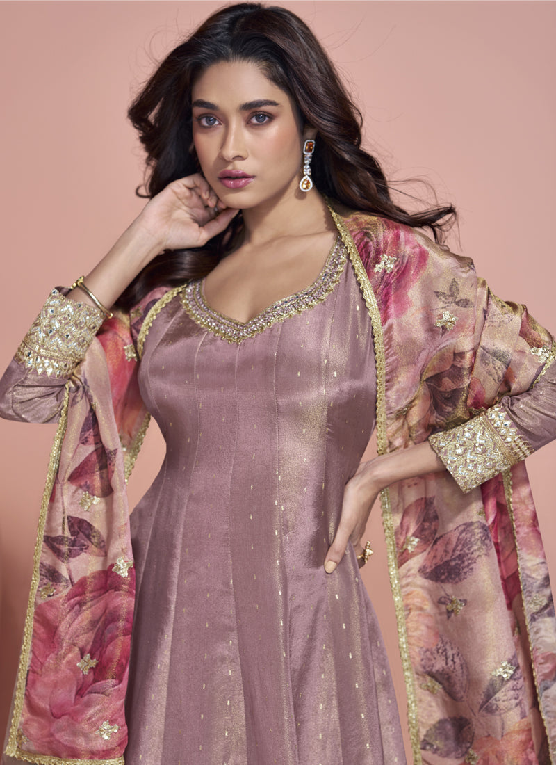 Onion Pink Viscose Jacquard Silk Embroidered Anarkali Suit