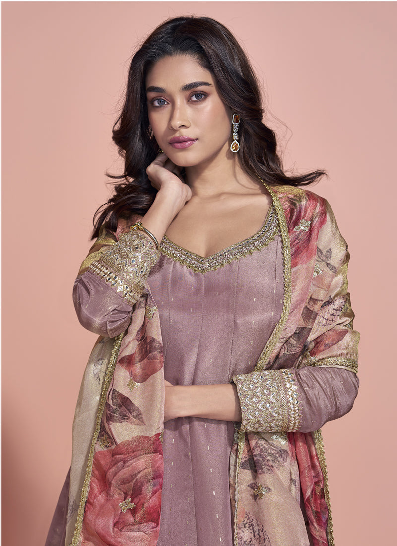 Onion Pink Viscose Jacquard Silk Embroidered Anarkali Suit