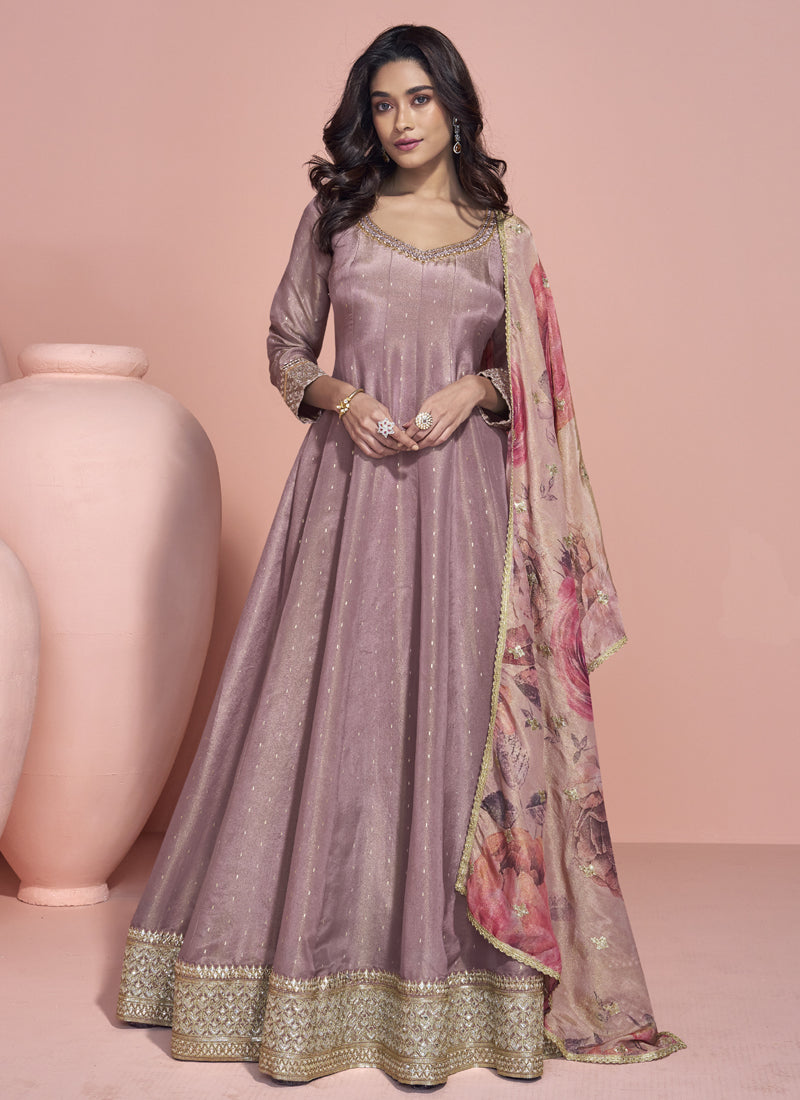Onion pink Anarkali suit in viscose jacquard silk with detailed embroidery