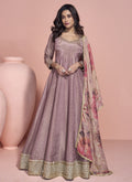 Onion pink Anarkali suit in viscose jacquard silk with detailed embroidery
