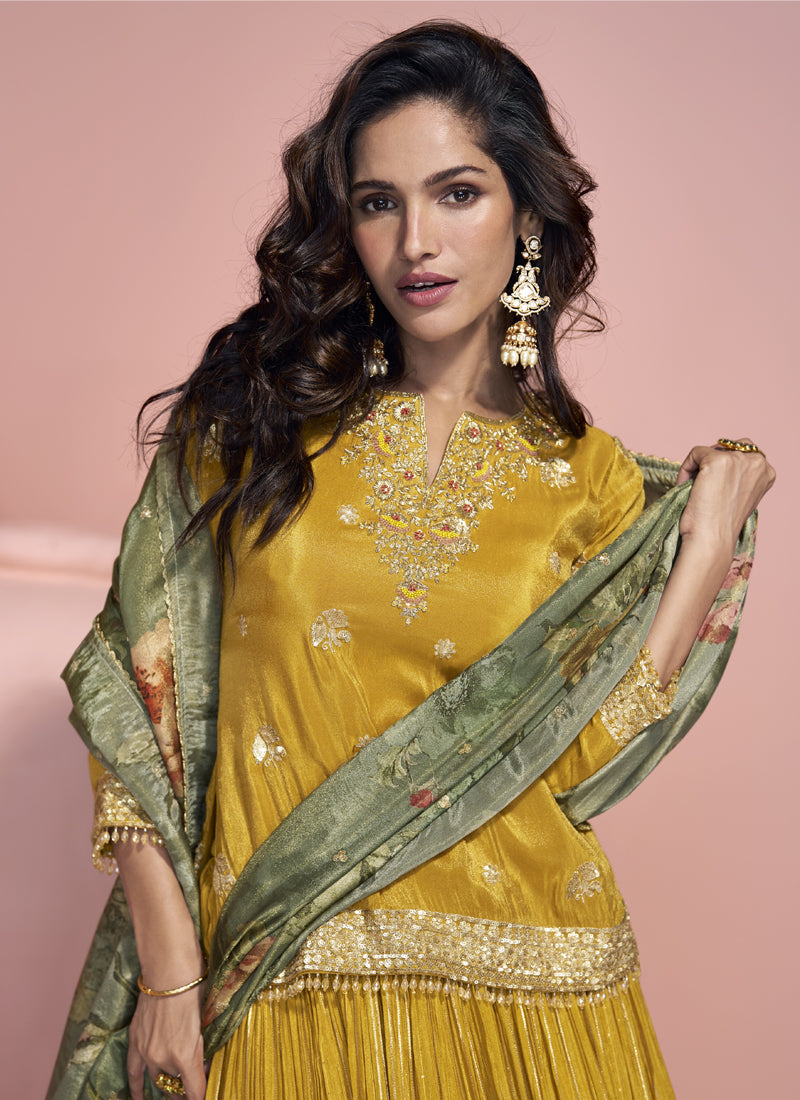 Yellow Jacquard Silk Embroidered Lehenga Style Suit for Wedding