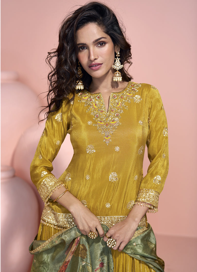 Yellow Jacquard Silk Embroidered Lehenga Style Suit for Wedding