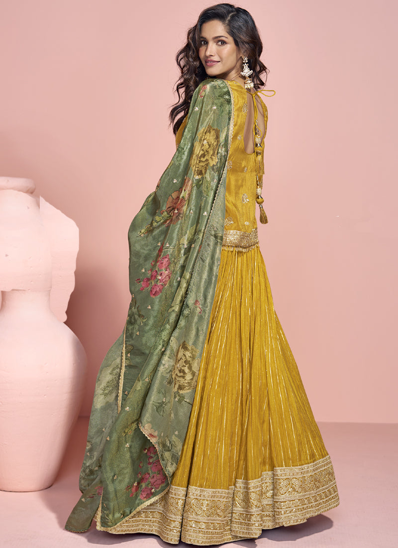 Yellow Jacquard Silk Embroidered Lehenga Style Suit for Wedding
