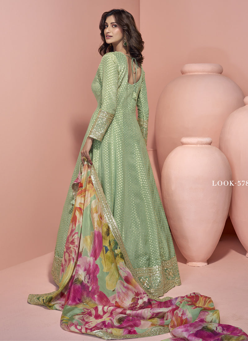 Pista Green Viscose Jacquard Silk Embroidered Anarkali Suit