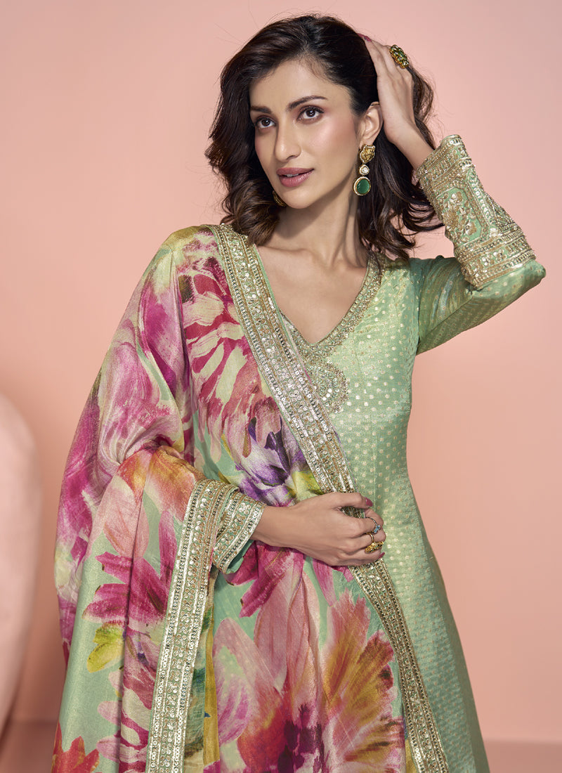 Pista Green Viscose Jacquard Silk Embroidered Anarkali Suit