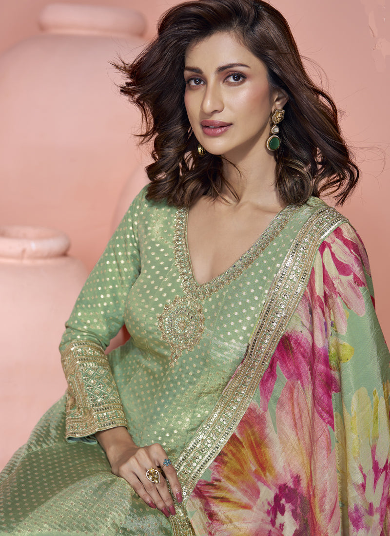 Pista Green Viscose Jacquard Silk Embroidered Anarkali Suit