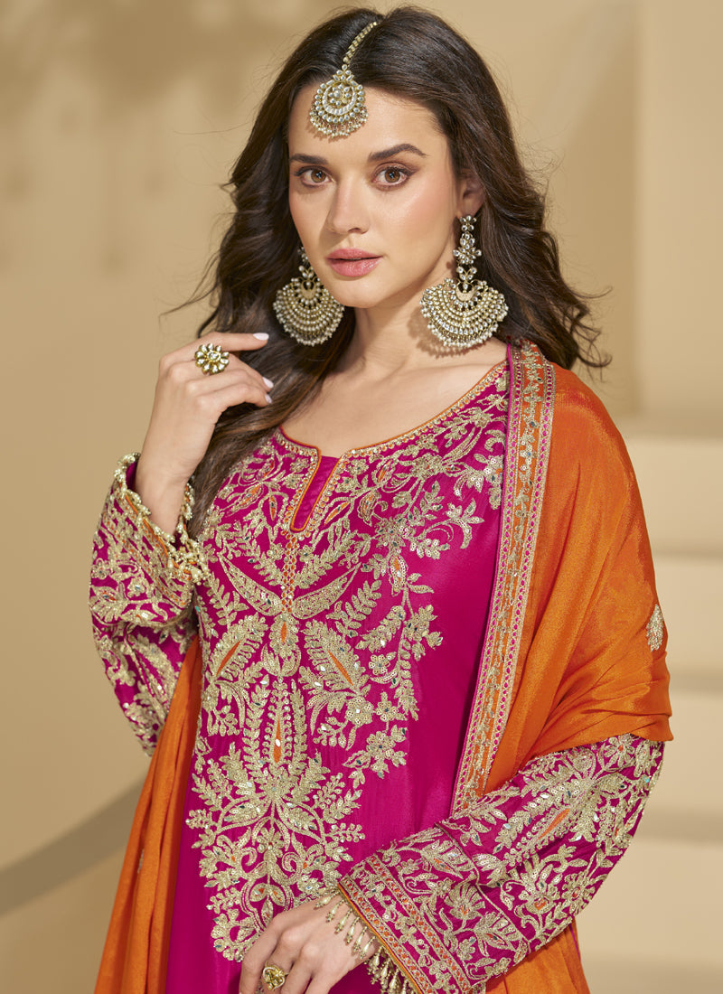 Pink Chinon Silk Embroidered Palazzo Suit for Festive Wear
