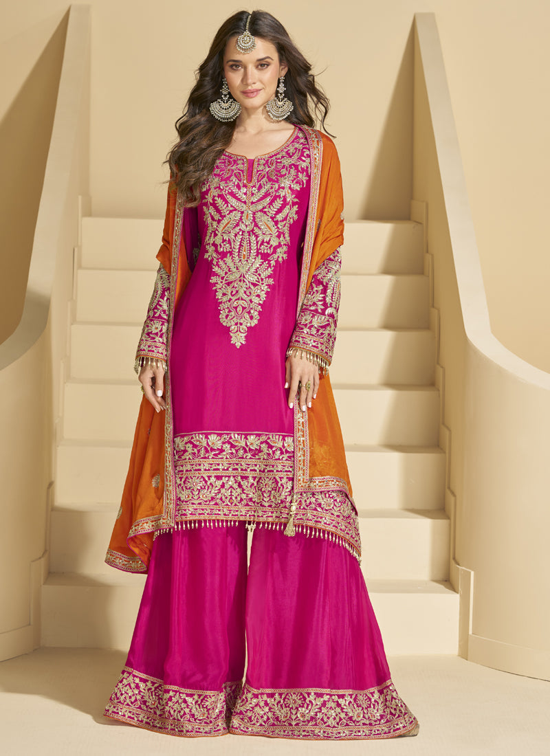 Pink Chinon Silk Palazzo Suit with intricate embroidery and gota patti