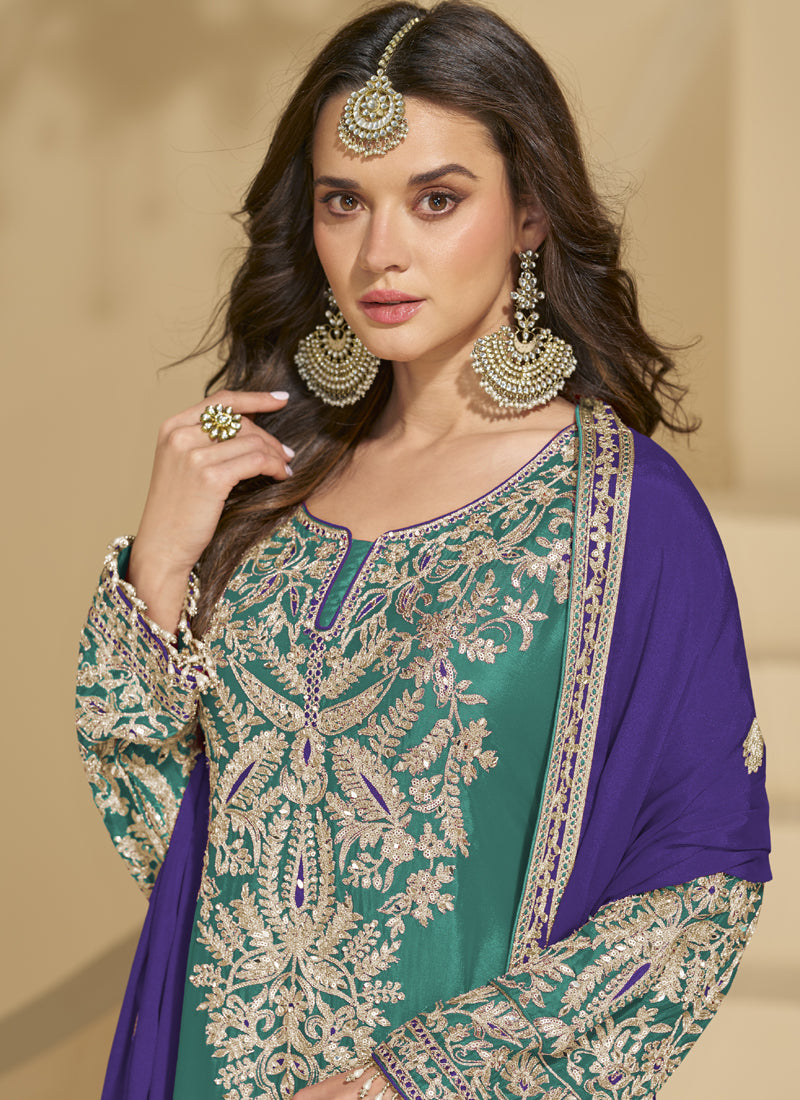 Rama Green Chinon Silk Embroidered Palazzo Suit for Weddings