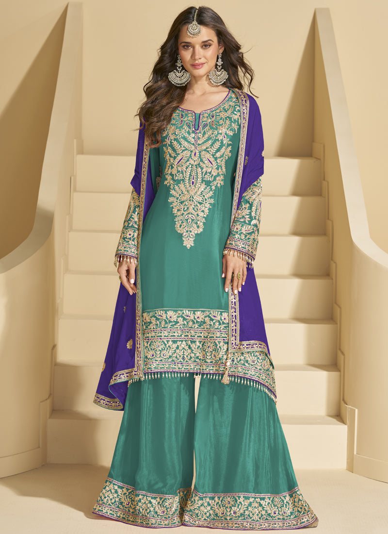 Rama Green Chinon Silk palazzo suit with heavy gota patti embroidery and elegant drape