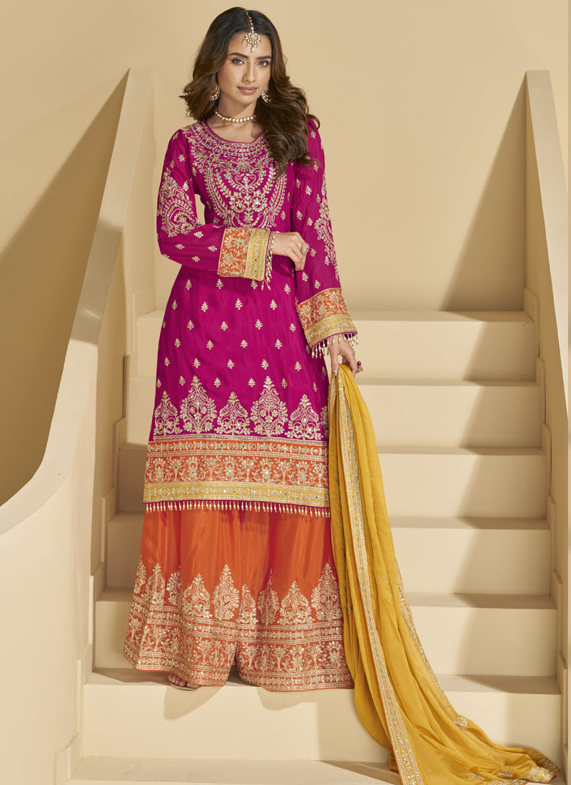 Vegaa Fashion Rani Pink Chinon Silk Embroidered Palazzo Suit