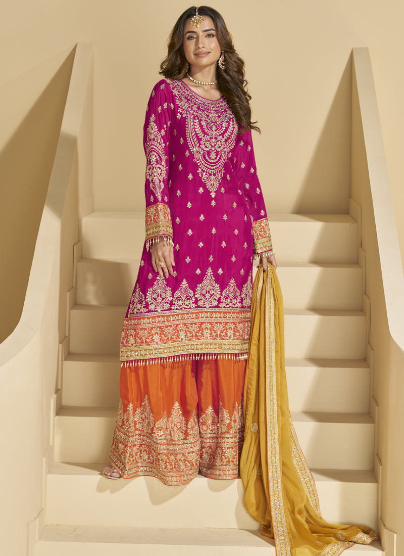 Vegaa Fashion Rani Pink Chinon Silk Embroidered Palazzo Suit