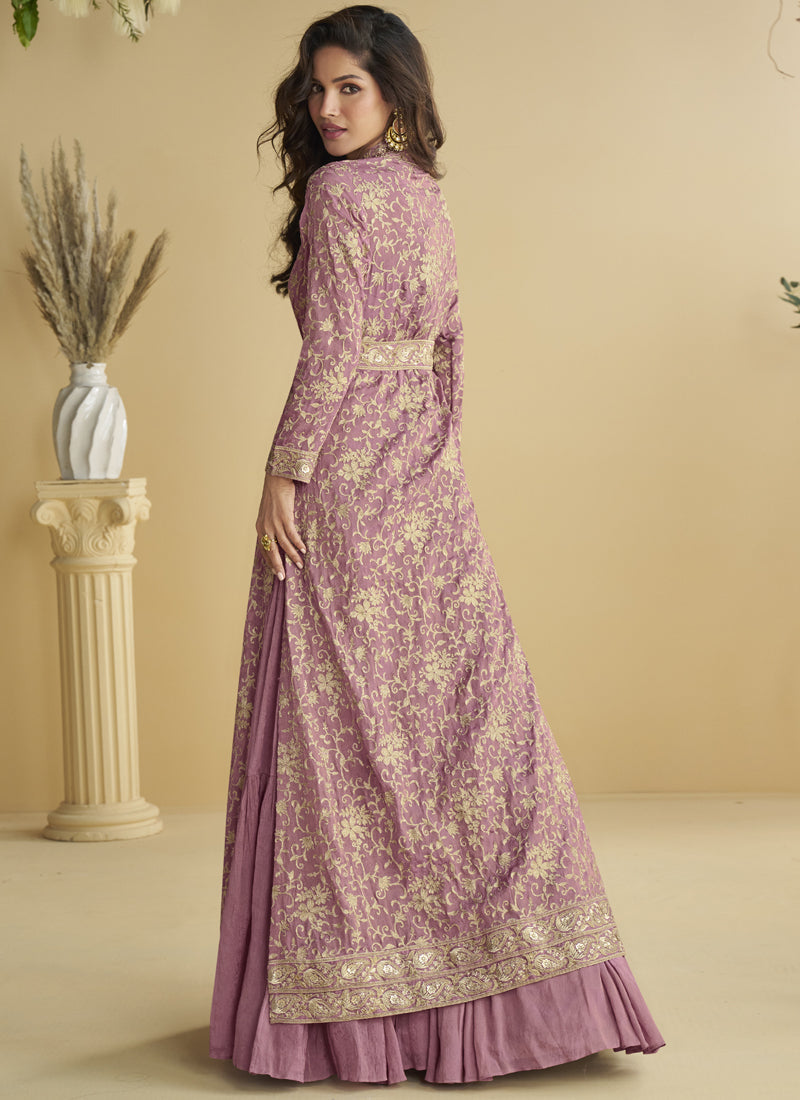 Onion Pink Chinon Silk Embroidered Gown Set with Shrug