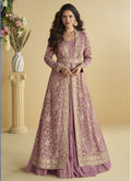 Onion Pink Chinon Silk embroidered designer gown with matching shrug
