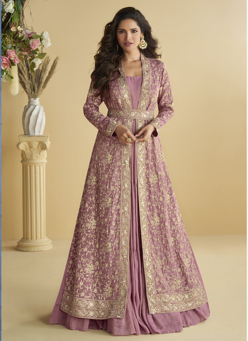 Onion Pink Chinon Silk embroidered designer gown with matching shrug