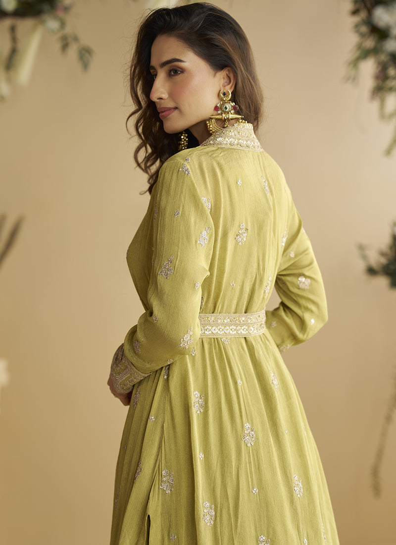 Vegaa Fashion Lemon Yellow Chinon Silk Embroidered Designer Gown With Shrug