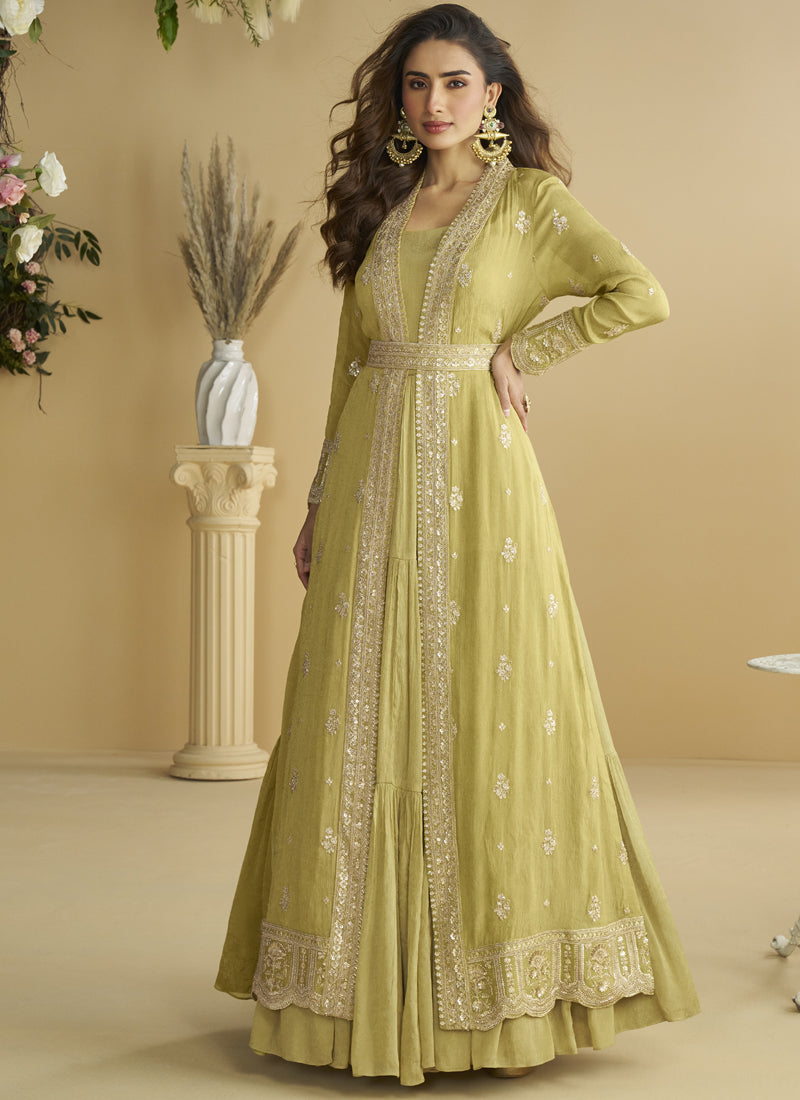 Vegaa Fashion Lemon Yellow Chinon Silk Embroidered Designer Gown With Shrug