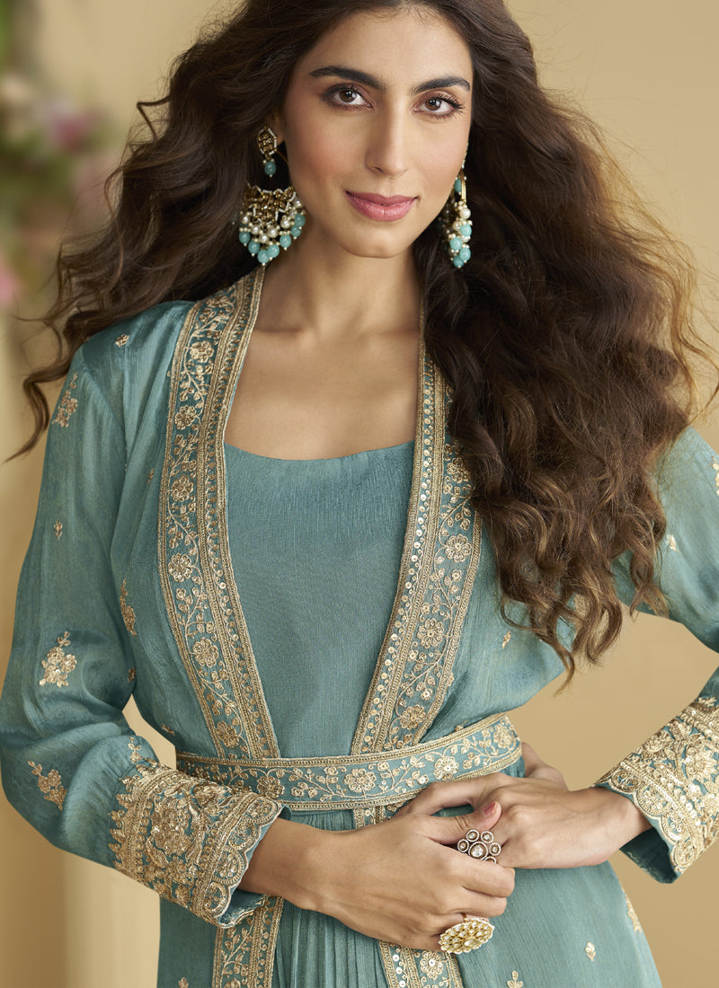 Sky Blue Chinon Silk Embroidered Gown with Shrug