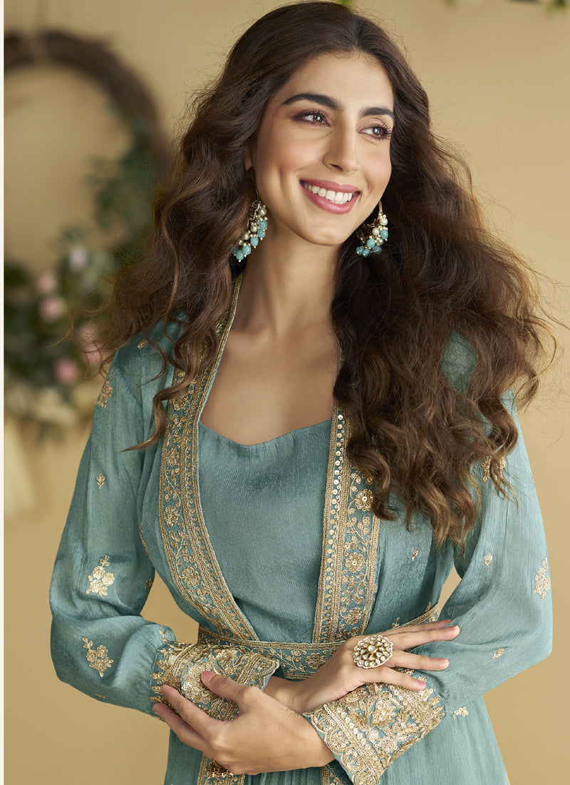 Sky Blue Chinon Silk Embroidered Gown with Shrug
