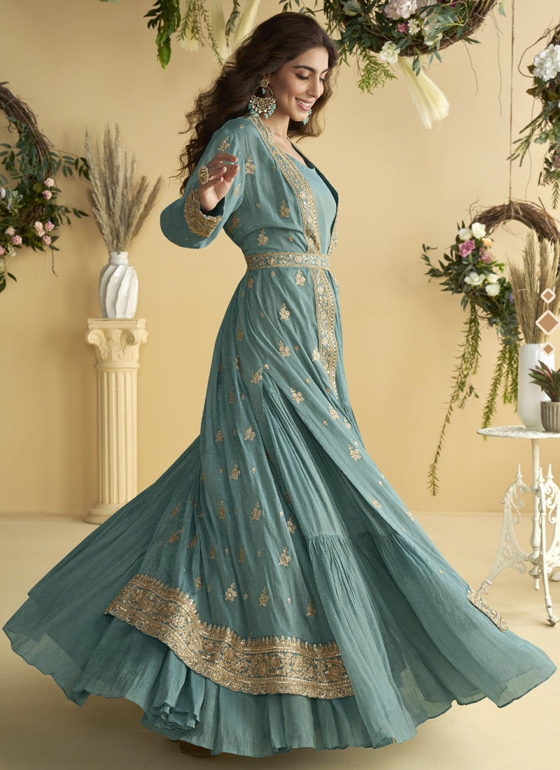 Sky Blue Chinon Silk Embroidered Gown with Shrug