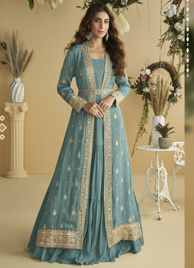 Sky Blue Chinon Silk designer gown with embroidered shrug