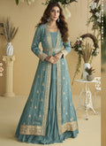 Sky Blue Chinon Silk designer gown with embroidered shrug