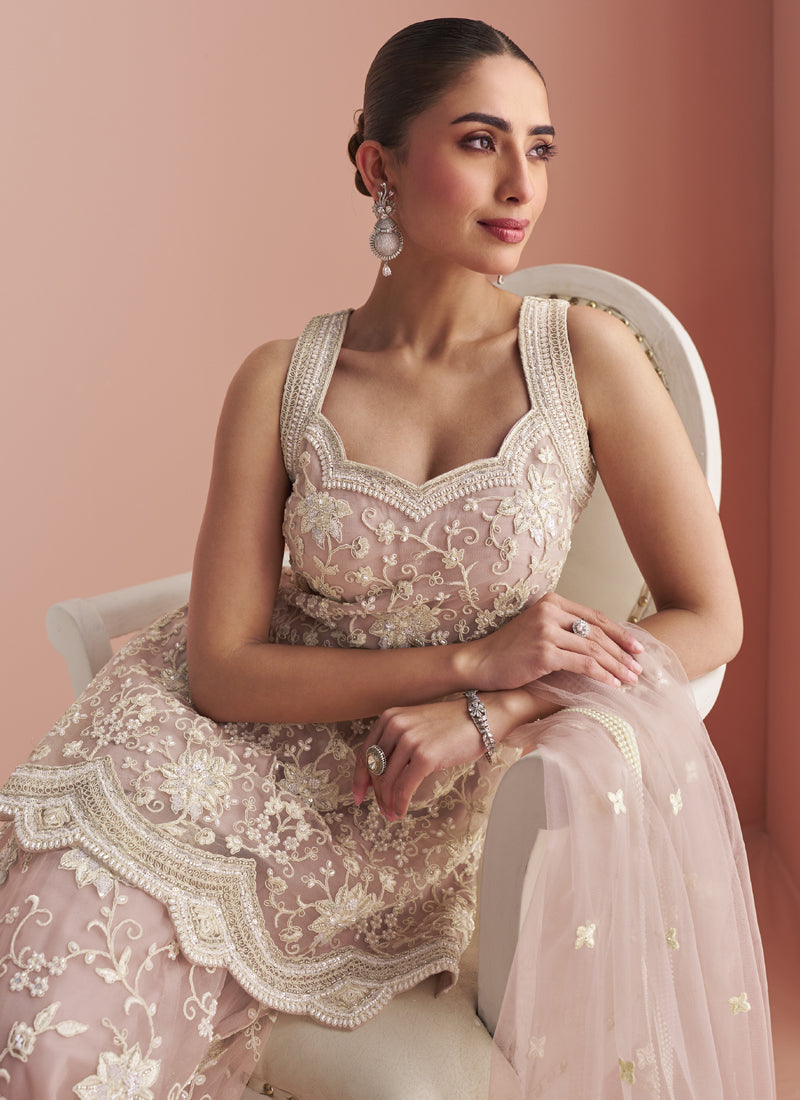 Light Onion Pink Net Embroidered Beads Palazzo Suit