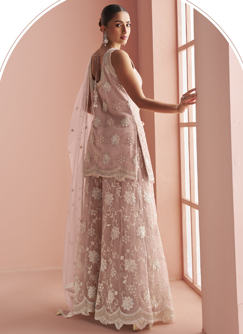 Light Onion Pink Net Embroidered Beads Palazzo Suit