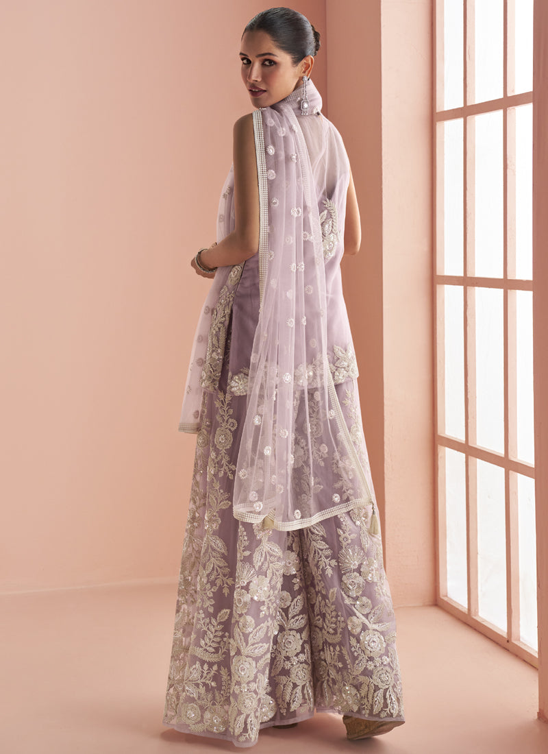 Light Lavender Net Embroidered Palazzo Suit with Gota Patti Work