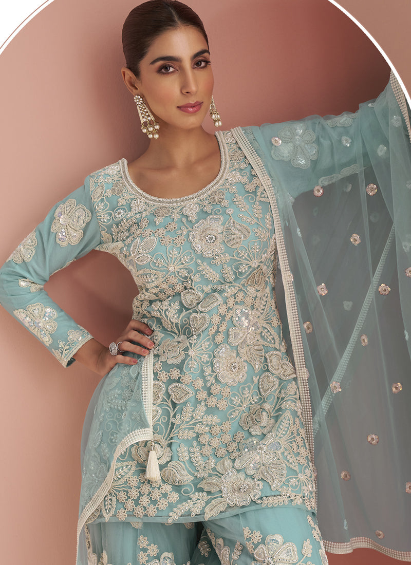 Light Sky Blue Net Embroidered Palazzo Suit with Beads