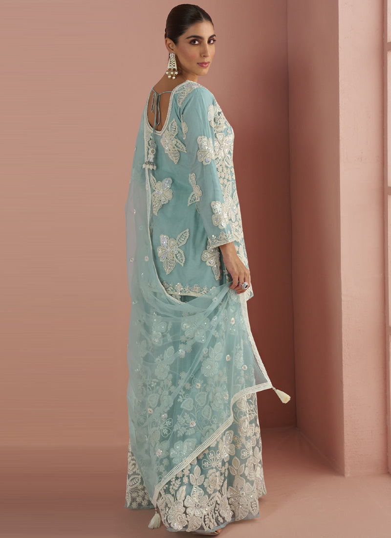 Light Sky Blue Net Embroidered Palazzo Suit with Beads