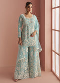Light Sky Blue net palazzo suit with beadwork and intricate embroidery
