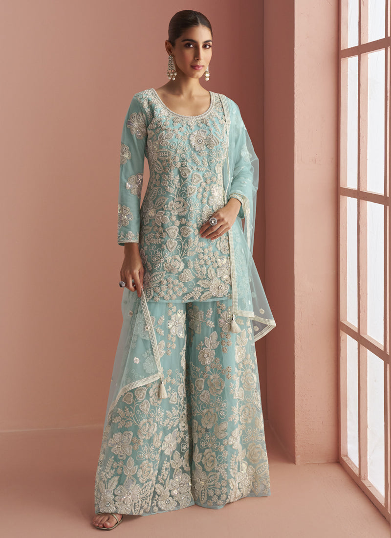Light Sky Blue net palazzo suit with beadwork and intricate embroidery