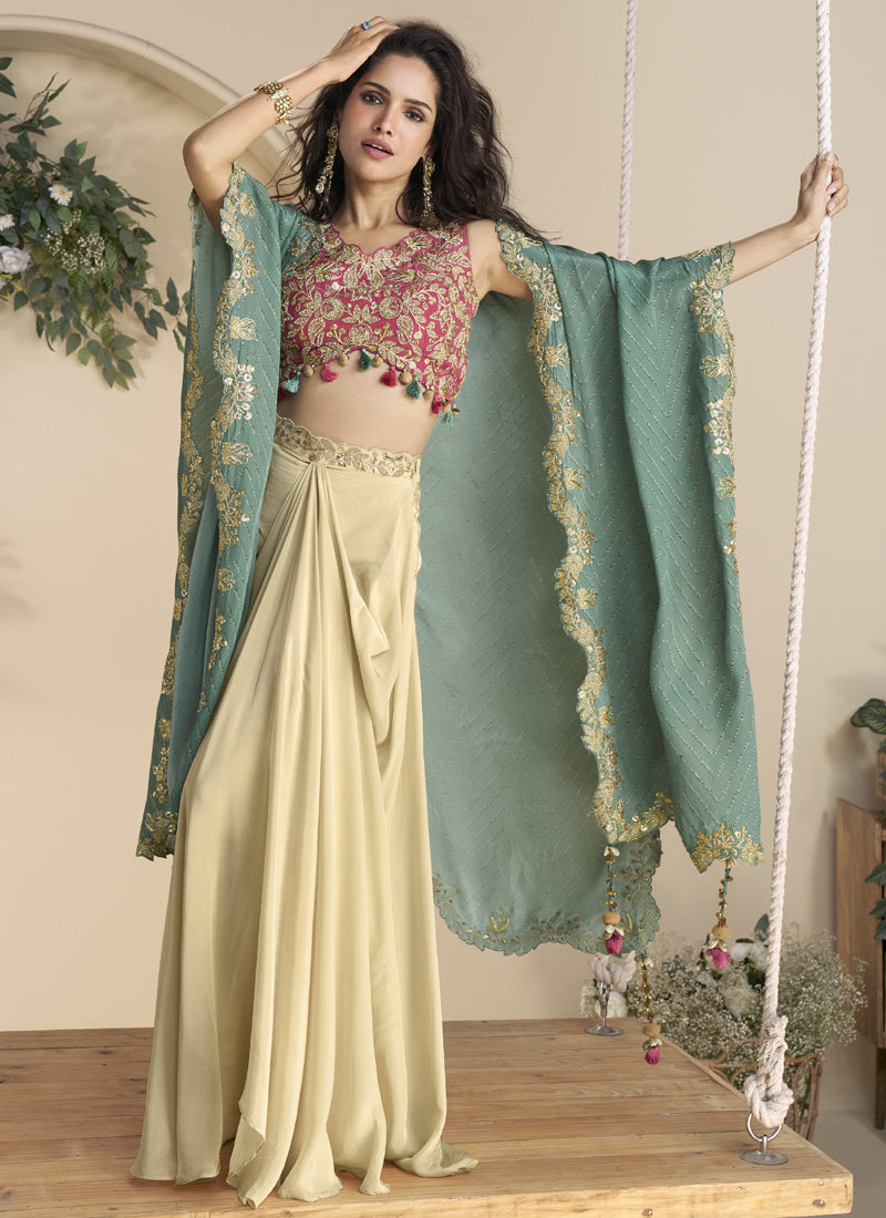 Beige Chinon Silk Embroidered Shrug Style Western Wedding Suit