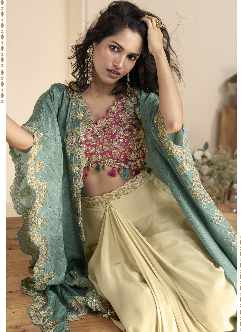 Beige Chinon Silk Embroidered Shrug Style Western Wedding Suit