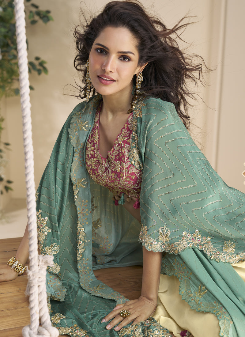 Beige Chinon Silk Embroidered Shrug Style Western Wedding Suit