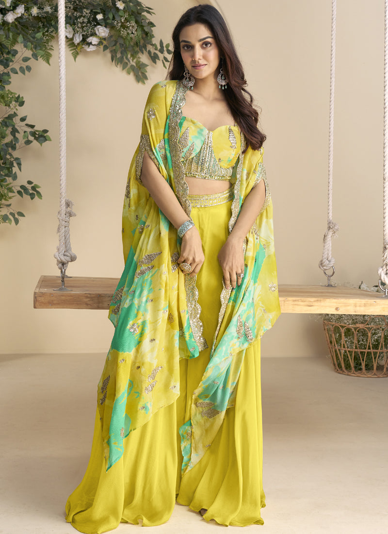 Yellow Chinon Silk Embroidered Shrug Style Western Suit Set