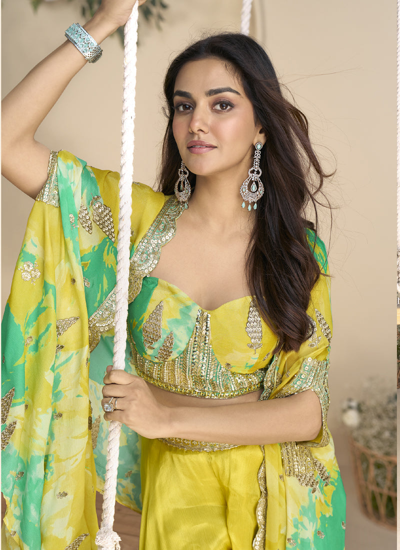 Yellow Chinon Silk Embroidered Shrug Style Western Suit Set