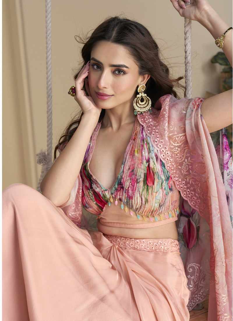 Peach Real Chinon Silk Embroidered Shrug Style Western Suit