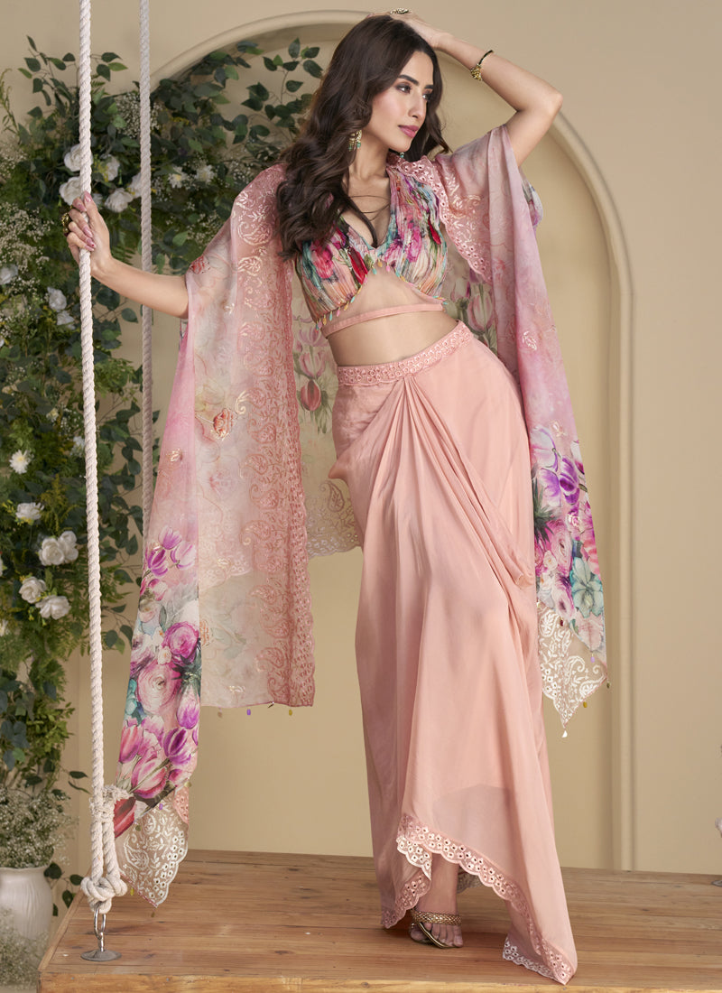 Peach Chinon silk western suit with intricate gota patti embroidery and shrug-style silhouette.