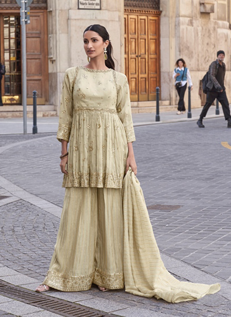 Off White Silk Embroidered Palazzo Suit with Gota Patti Details