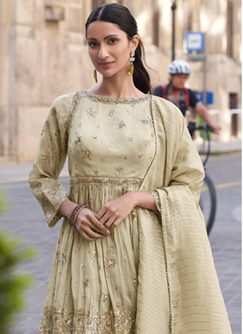 Off White Silk Embroidered Palazzo Suit with Gota Patti Details