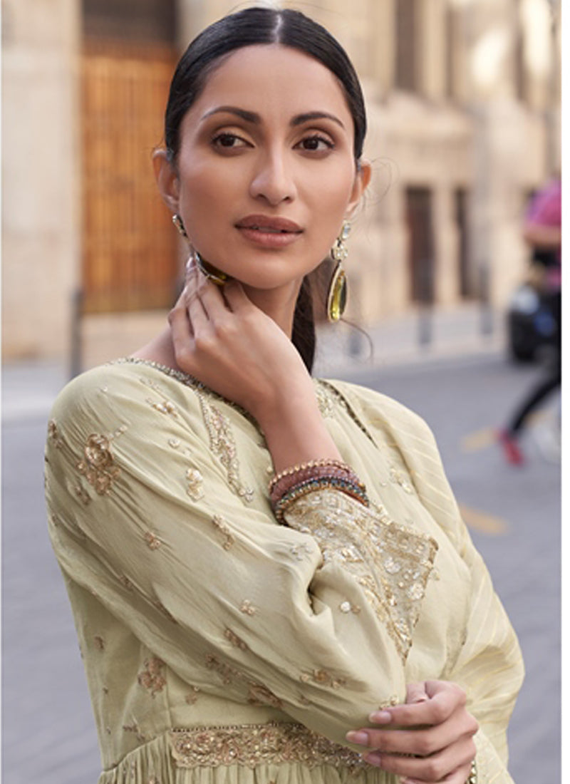 Off White Silk Embroidered Palazzo Suit with Gota Patti Details