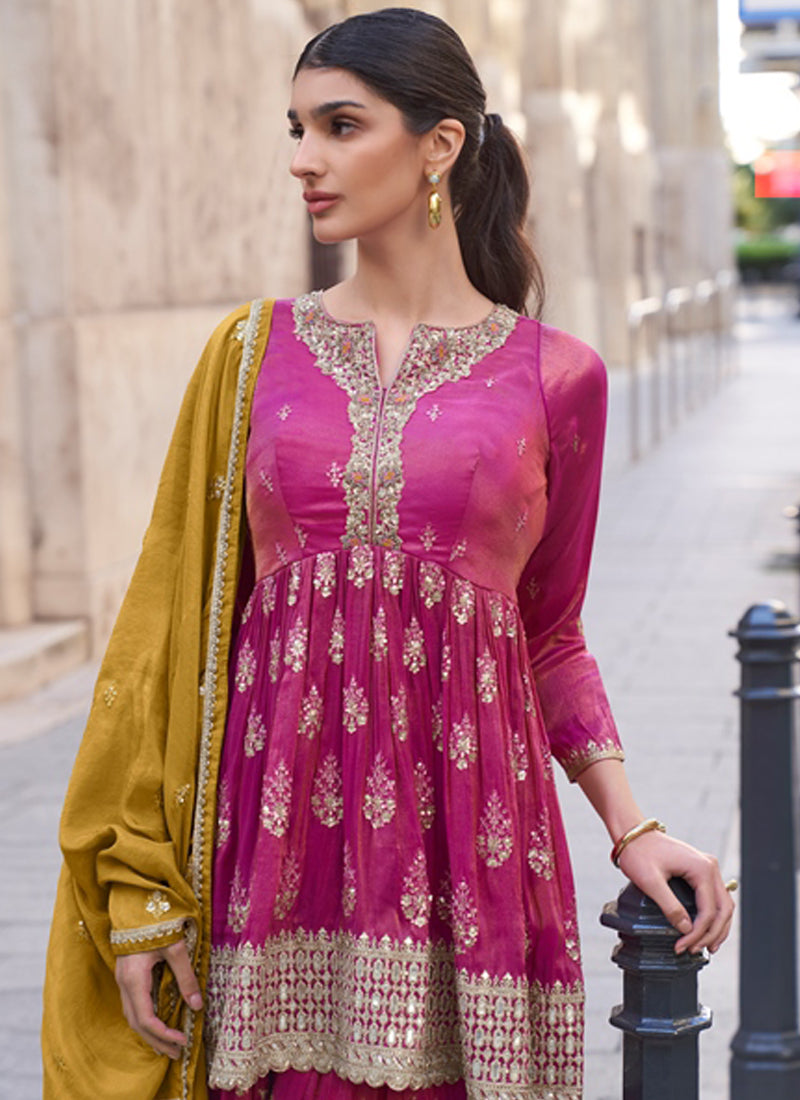 Pink Silk Embroidered Palazzo Suit with Intricate Thread Work