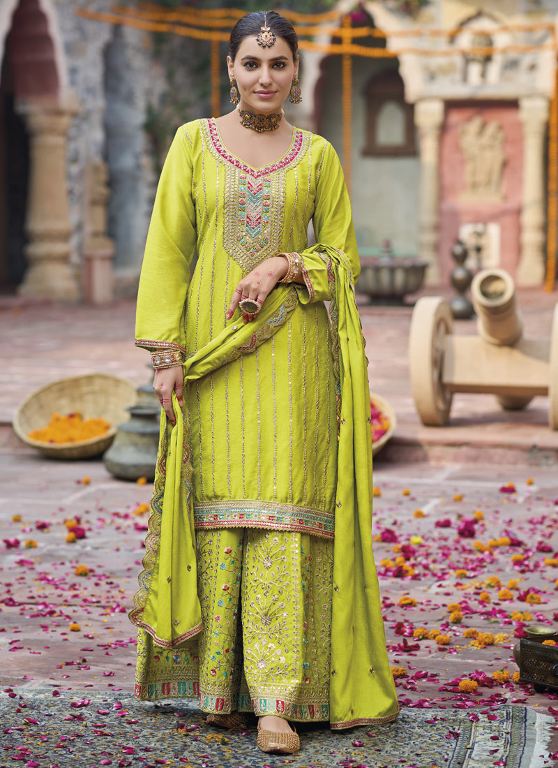 Lime Green Chinon Silk Embroidered Designer Palazzo Suit