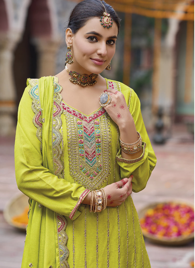 Lime Green Chinon Silk Embroidered Designer Palazzo Suit