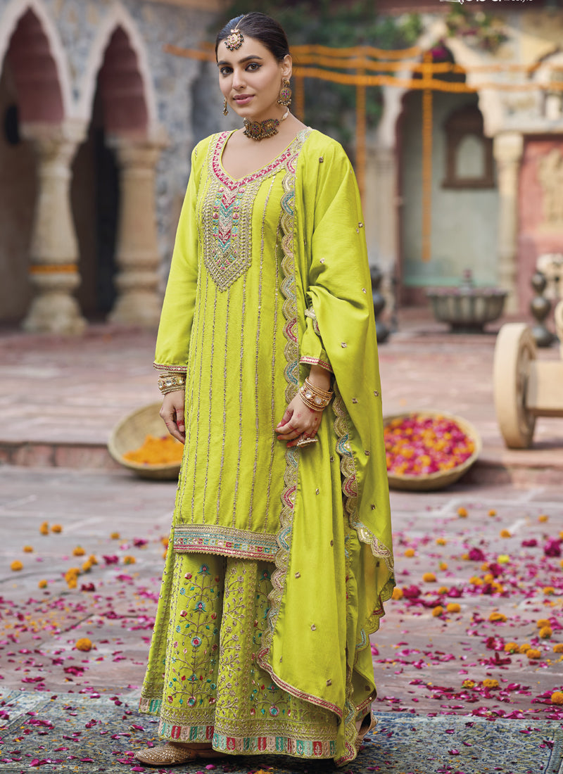 Lime green premium chinon silk designer palazzo suit with intricate embroidery
