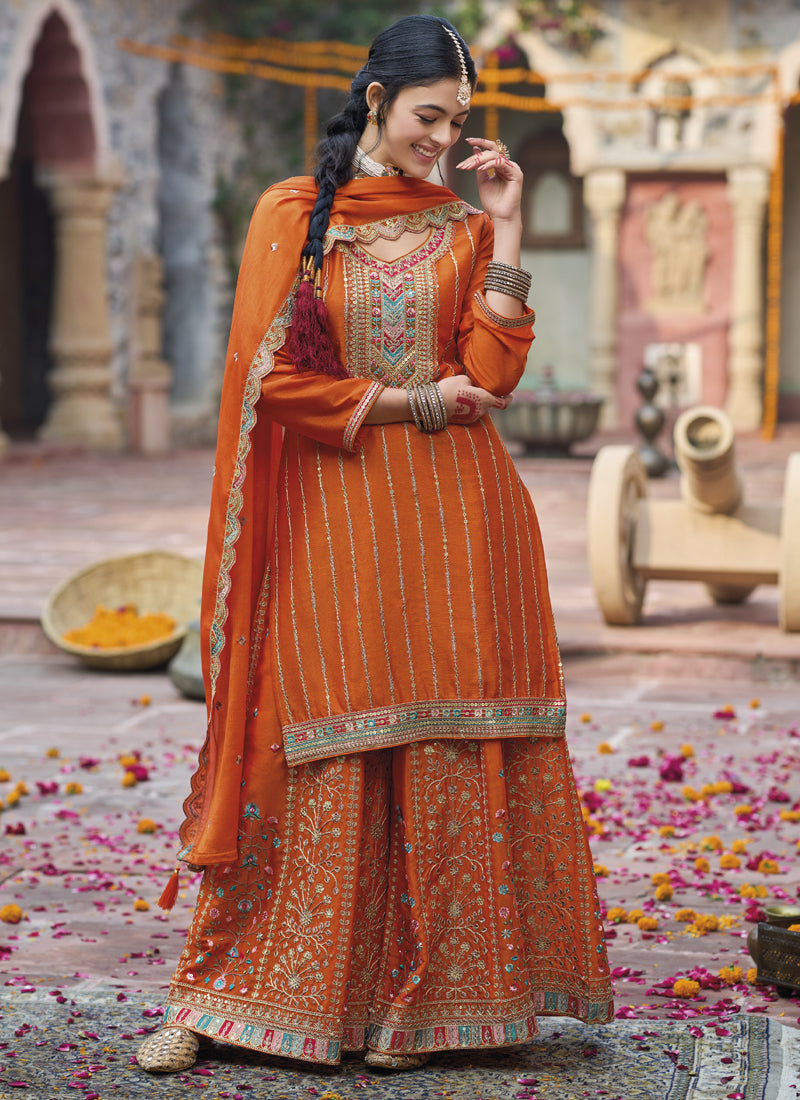 Orange Chinon Silk Embroidered Designer Palazzo Suit